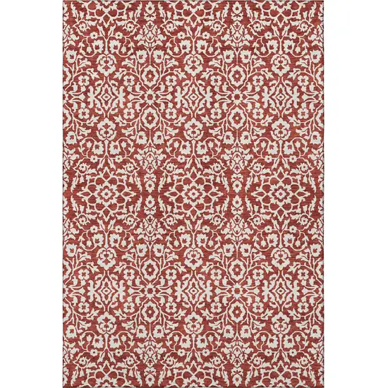 Red And Ivory Damask Washable Area Rug With UV Protection Photo 4