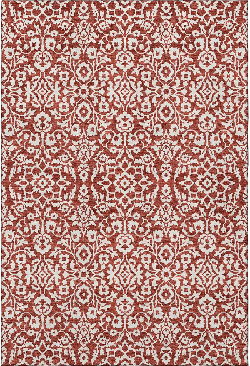 Red And Ivory Damask Washable Area Rug With UV Protection Photo 4