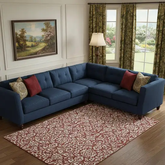 Red And Ivory Damask Washable Area Rug With UV Protection Photo 1