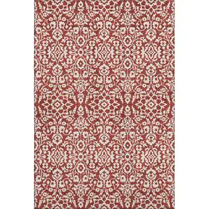 Photo of Red And Ivory Damask Washable Area Rug With UV Protection