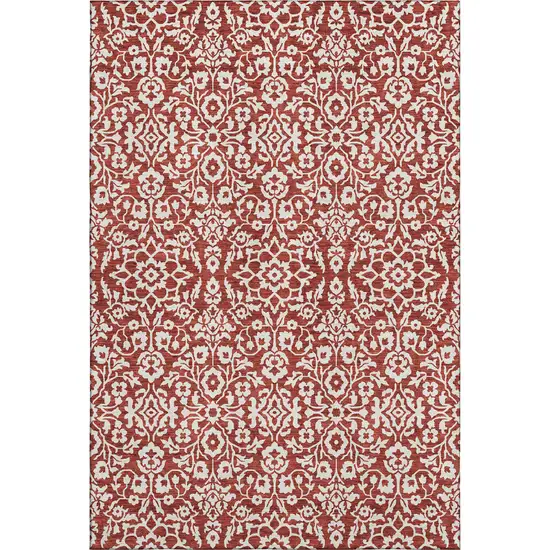 Red And Ivory Damask Washable Area Rug With UV Protection Photo 1