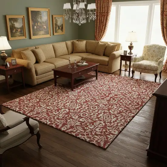 Red And Ivory Damask Washable Area Rug With UV Protection Photo 2