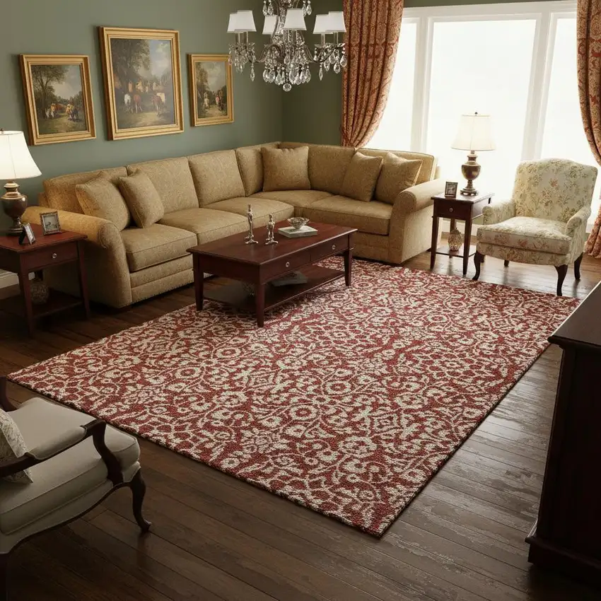 Red And Ivory Damask Washable Area Rug With UV Protection Photo 2