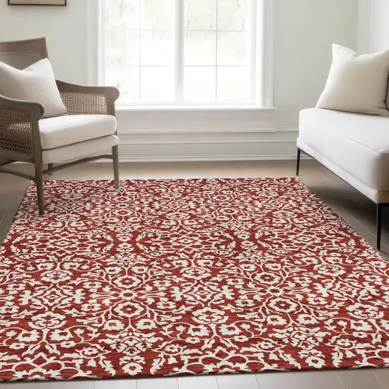 Red And Ivory Damask Washable Area Rug With UV Protection Photo 5