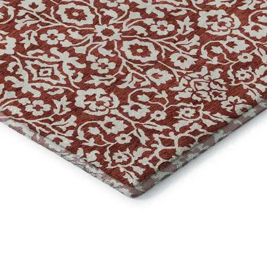 Red And Ivory Damask Washable Area Rug With UV Protection Photo 7