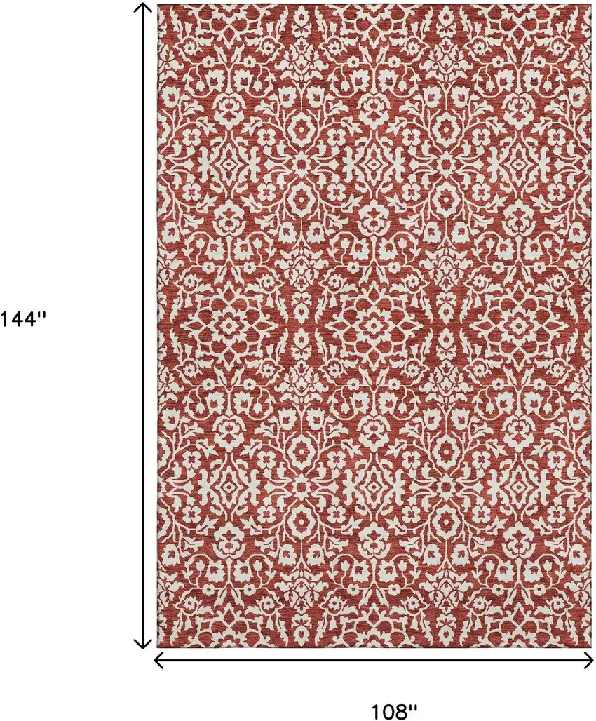 Red And Ivory Damask Washable Area Rug With UV Protection Photo 3