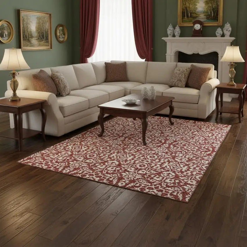 Red And Ivory Damask Washable Area Rug With UV Protection Photo 2