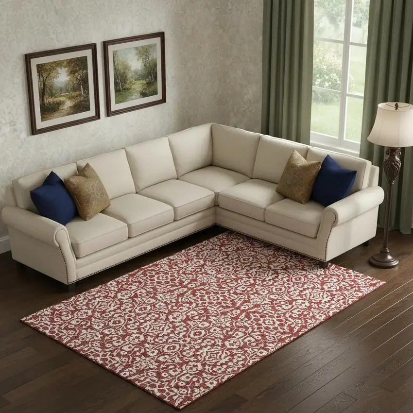 Red And Ivory Damask Washable Area Rug With UV Protection Photo 1