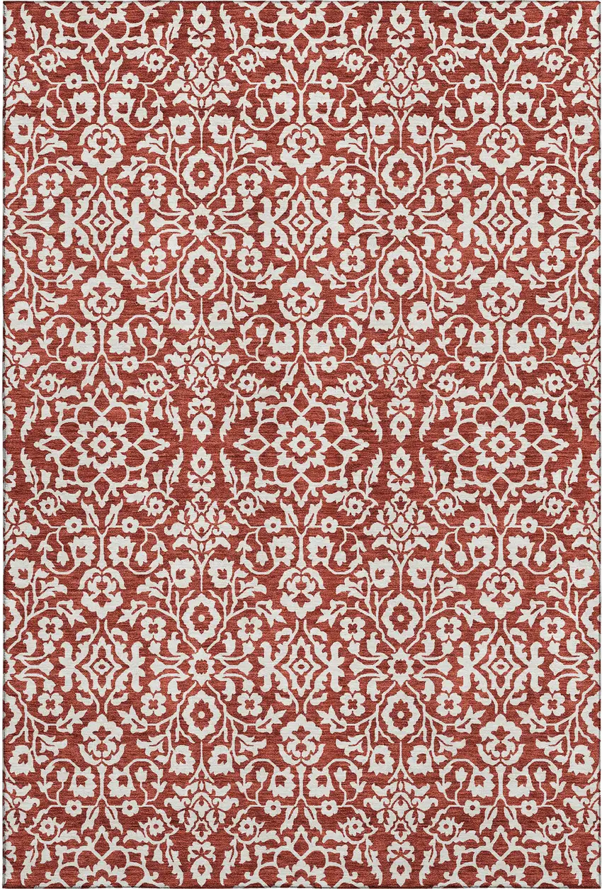 Red And Ivory Damask Washable Area Rug With UV Protection Photo 1