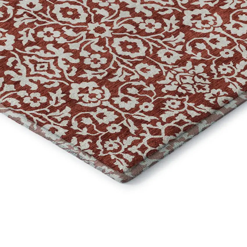Red And Ivory Damask Washable Area Rug With UV Protection Photo 8