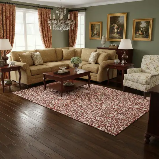 Red And Ivory Damask Washable Area Rug With UV Protection Photo 2