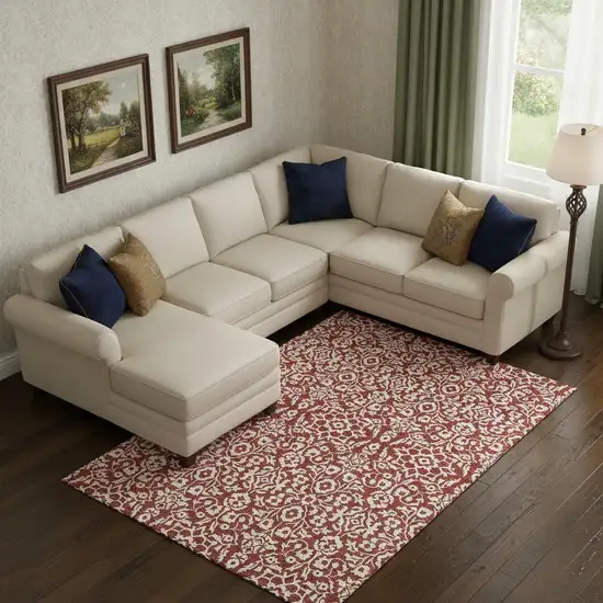 Red And Ivory Damask Washable Area Rug With UV Protection Photo 1