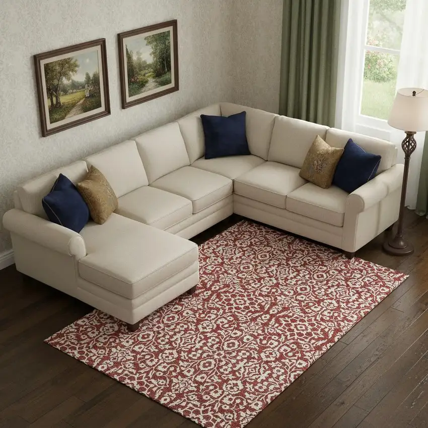 Red And Ivory Damask Washable Area Rug With UV Protection Photo 1