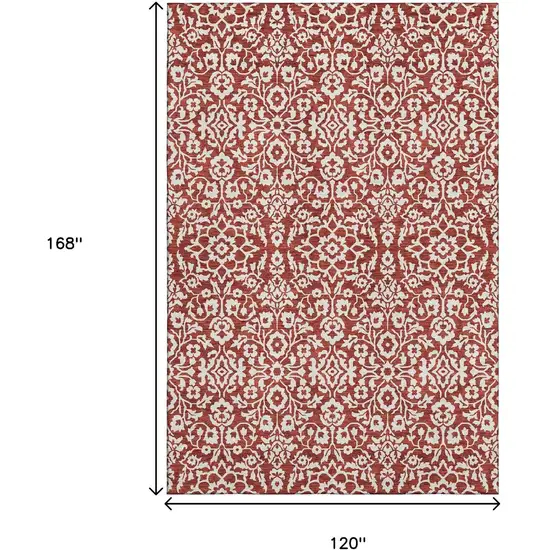 Red And Ivory Damask Washable Area Rug With UV Protection Photo 3