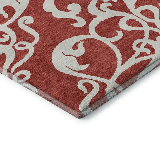 Red And Ivory Damask Washable Area Rug With UV Protection Photo 7