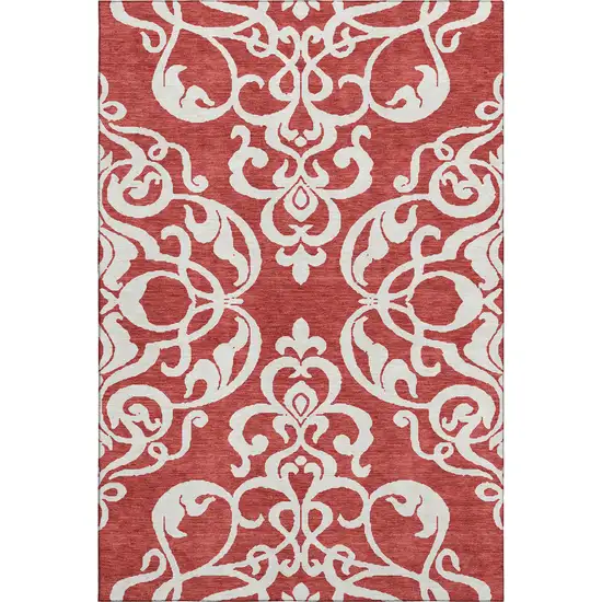 Red And Ivory Damask Washable Area Rug With UV Protection Photo 1