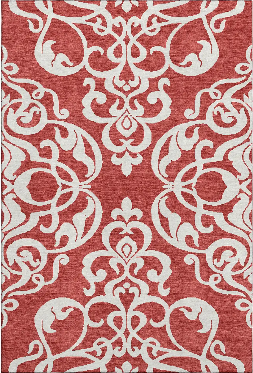 Red And Ivory Damask Washable Area Rug With UV Protection Photo 1