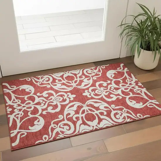 Red And Ivory Damask Washable Area Rug With UV Protection Photo 2