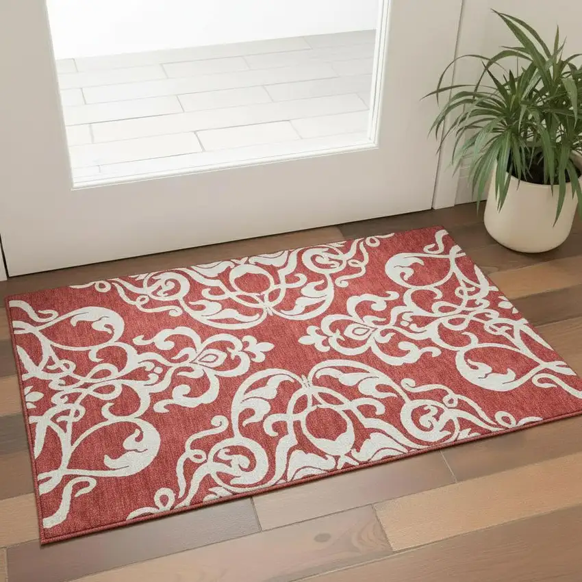 Red And Ivory Damask Washable Area Rug With UV Protection Photo 2