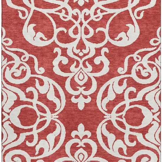 Red And Ivory Damask Washable Area Rug With UV Protection Photo 3