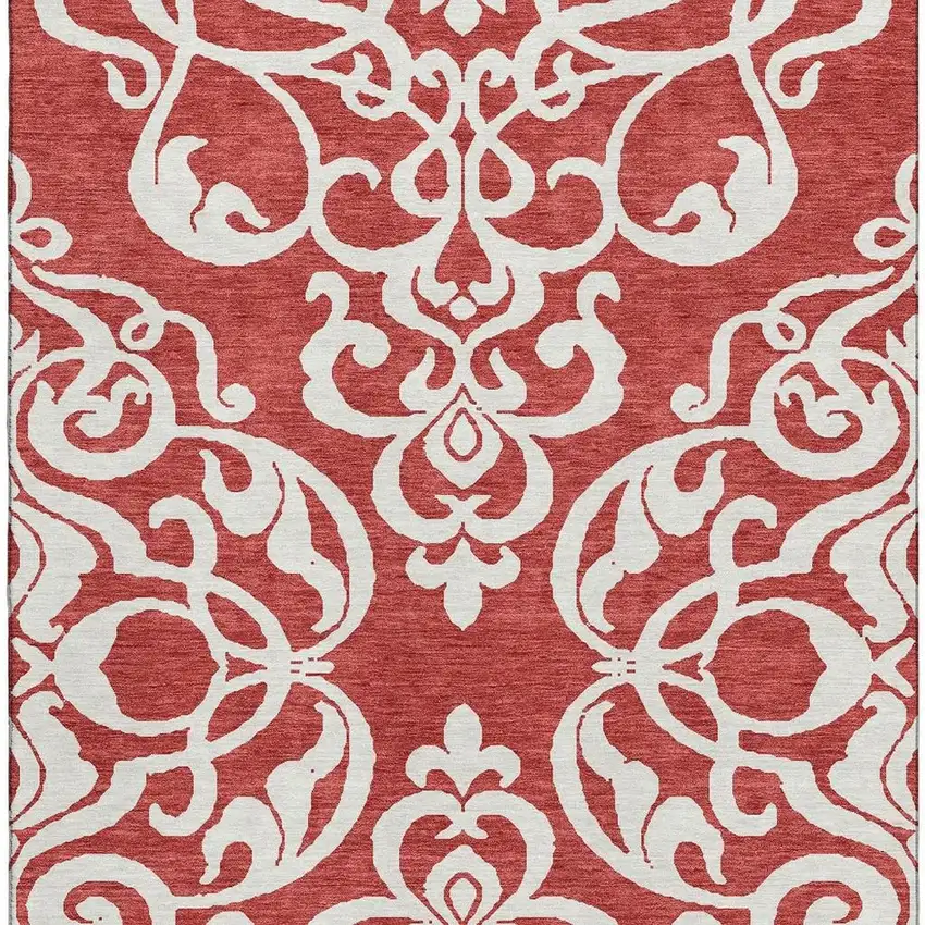 Red And Ivory Damask Washable Area Rug With UV Protection Photo 3