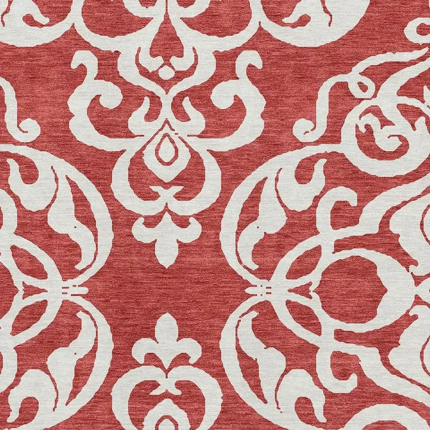 Red And Ivory Damask Washable Area Rug With UV Protection Photo 2