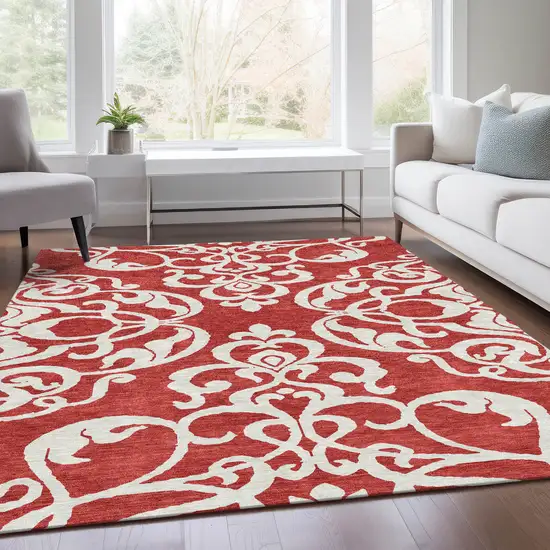 Red And Ivory Damask Washable Area Rug With UV Protection Photo 5