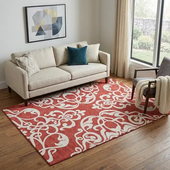 Red And Ivory Damask Washable Area Rug With UV Protection Photo 1