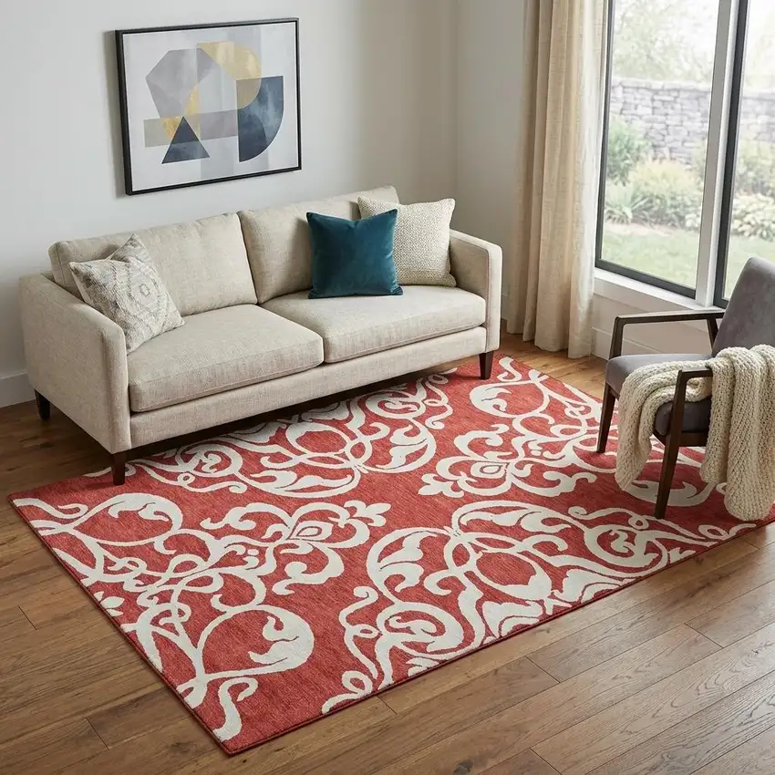 Red And Ivory Damask Washable Area Rug With UV Protection Photo 1