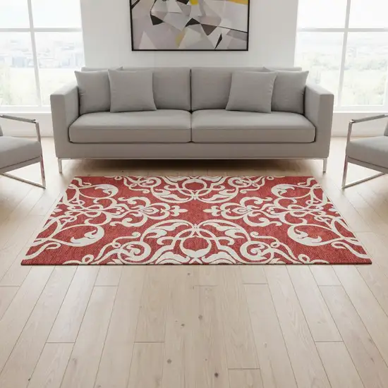 Red And Ivory Damask Washable Area Rug With UV Protection Photo 2