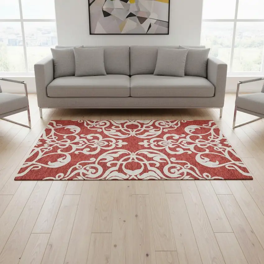 Red And Ivory Damask Washable Area Rug With UV Protection Photo 2
