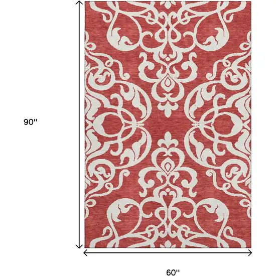 Red And Ivory Damask Washable Area Rug With UV Protection Photo 8