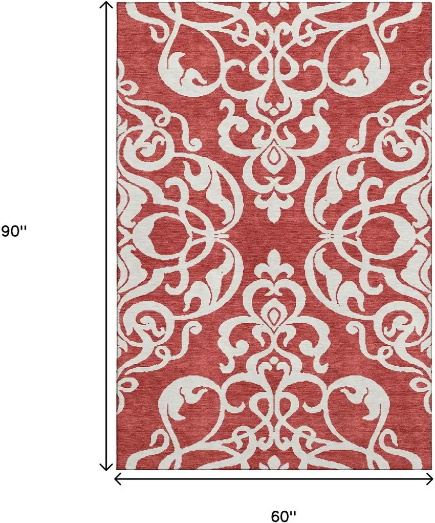 Red And Ivory Damask Washable Area Rug With UV Protection Photo 8