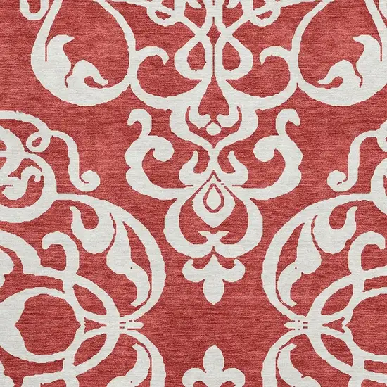 Red And Ivory Damask Washable Area Rug With UV Protection Photo 2
