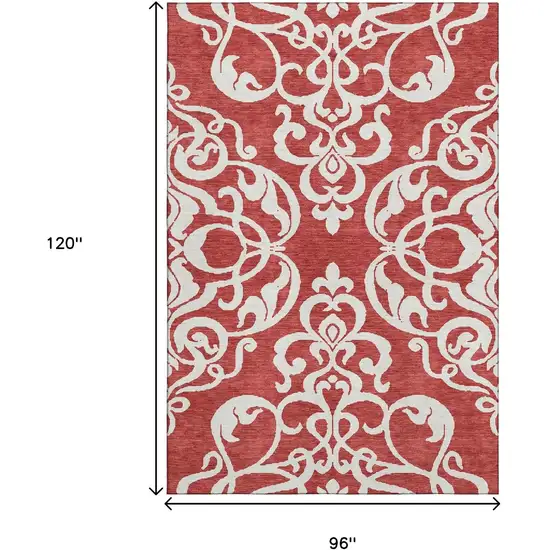 Red And Ivory Damask Washable Area Rug With UV Protection Photo 9