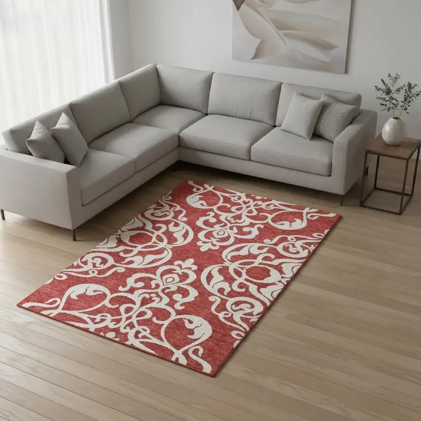 Red And Ivory Damask Washable Area Rug With UV Protection Photo 2