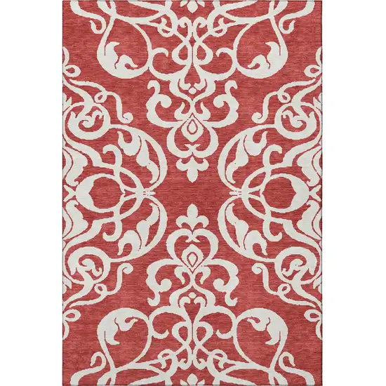 Red And Ivory Damask Washable Area Rug With UV Protection Photo 2