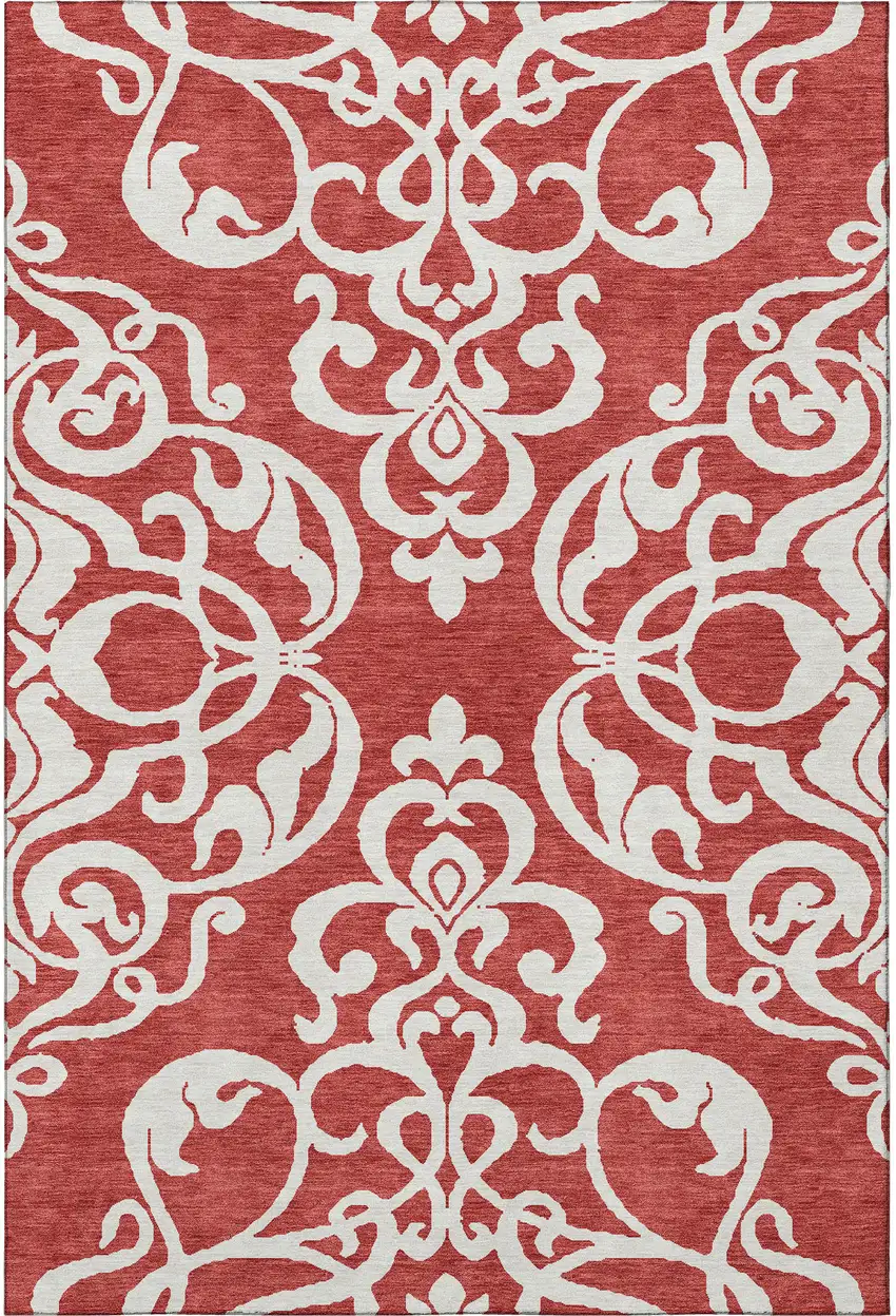 Red And Ivory Damask Washable Area Rug With UV Protection Photo 2