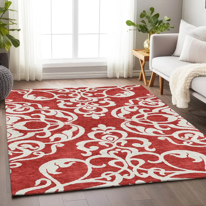 Red And Ivory Damask Washable Area Rug With UV Protection Photo 3