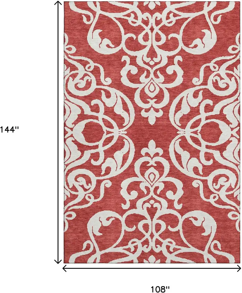 Red And Ivory Damask Washable Area Rug With UV Protection Photo 9