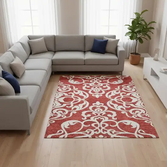 Red And Ivory Damask Washable Area Rug With UV Protection Photo 2