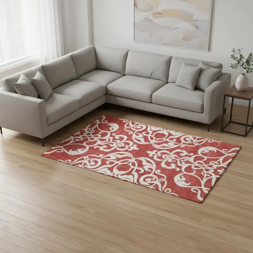 Red And Ivory Damask Washable Area Rug With UV Protection Photo 2