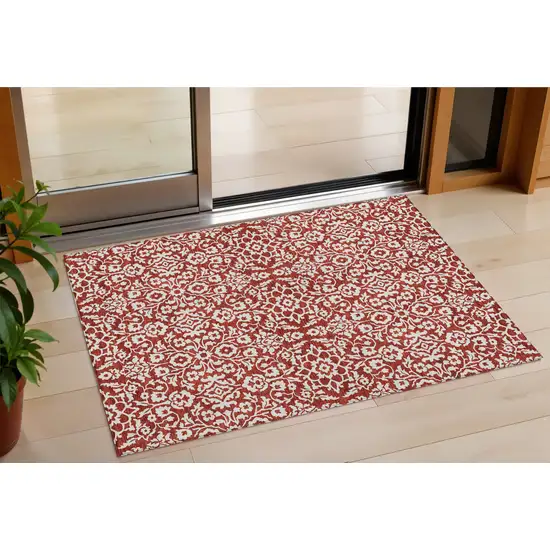 Red And Ivory Damask Washable Indoor Outdoor Area Rug Photo 1