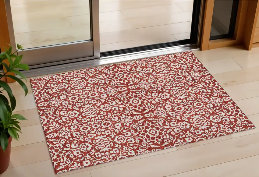 Red And Ivory Damask Washable Indoor Outdoor Area Rug Photo 1