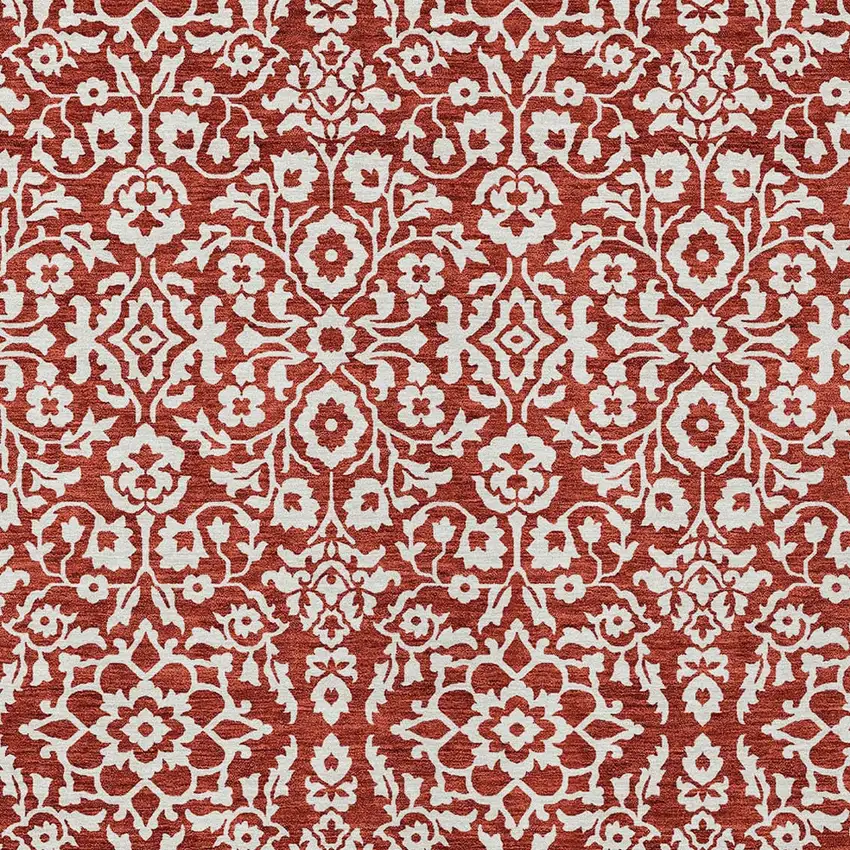 Red And Ivory Damask Washable Indoor Outdoor Area Rug Photo 6