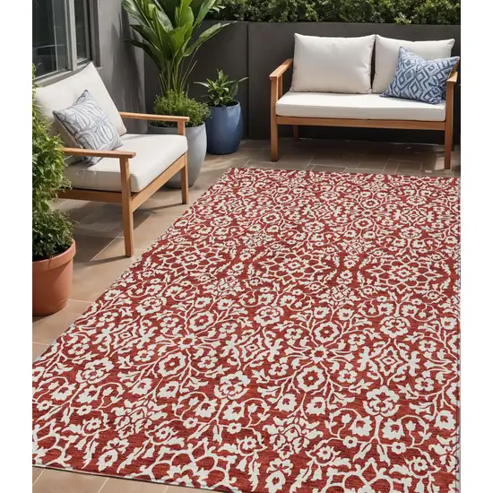 Red And Ivory Damask Washable Indoor Outdoor Area Rug Photo 1