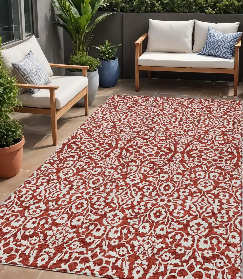 Red And Ivory Damask Washable Indoor Outdoor Area Rug Photo 1