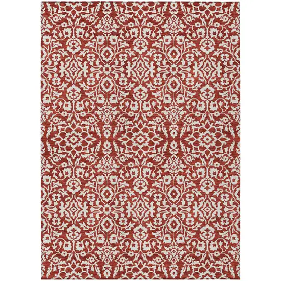Red And Ivory Damask Washable Indoor Outdoor Area Rug Photo 2