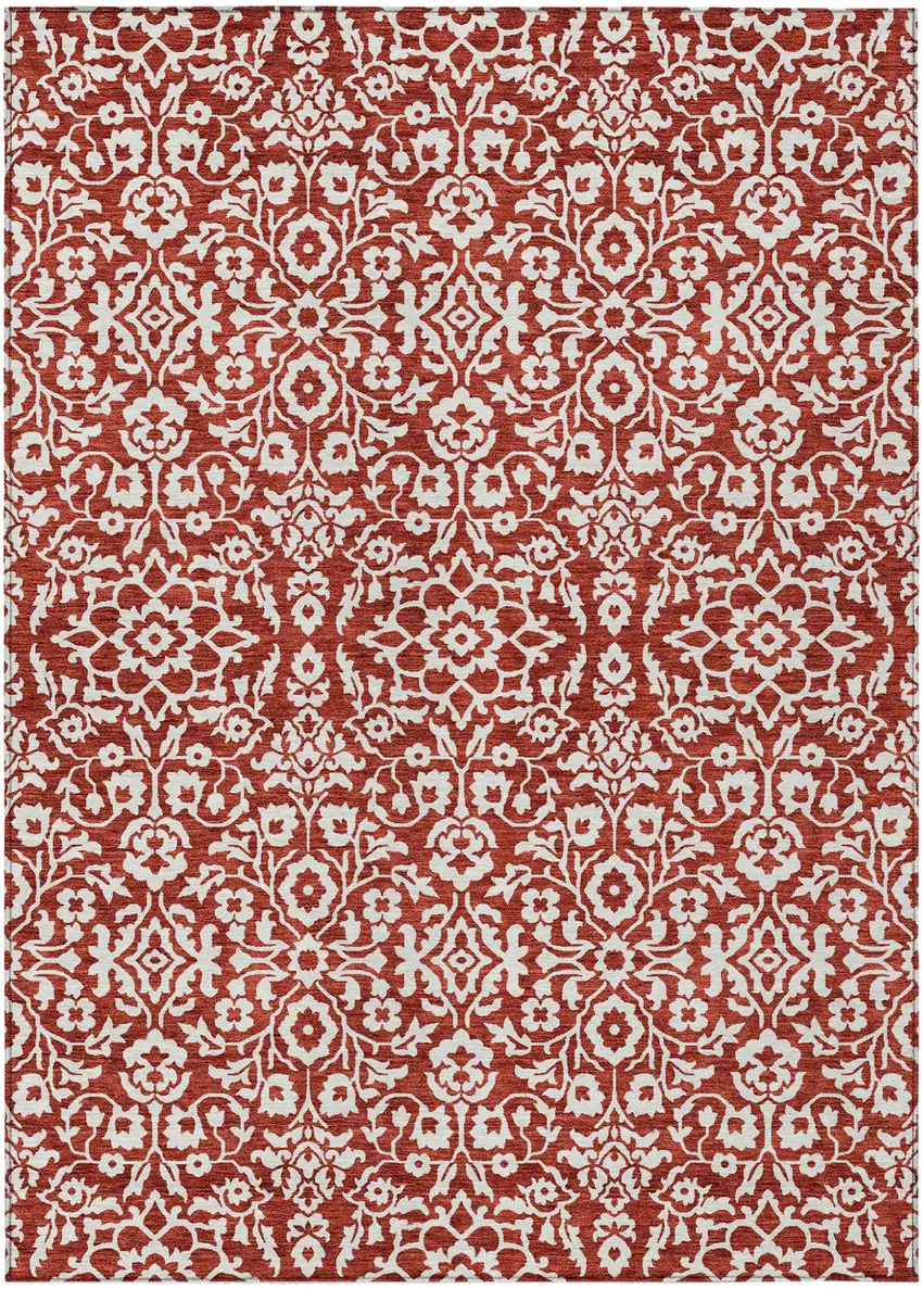 Red And Ivory Damask Washable Indoor Outdoor Area Rug Photo 2