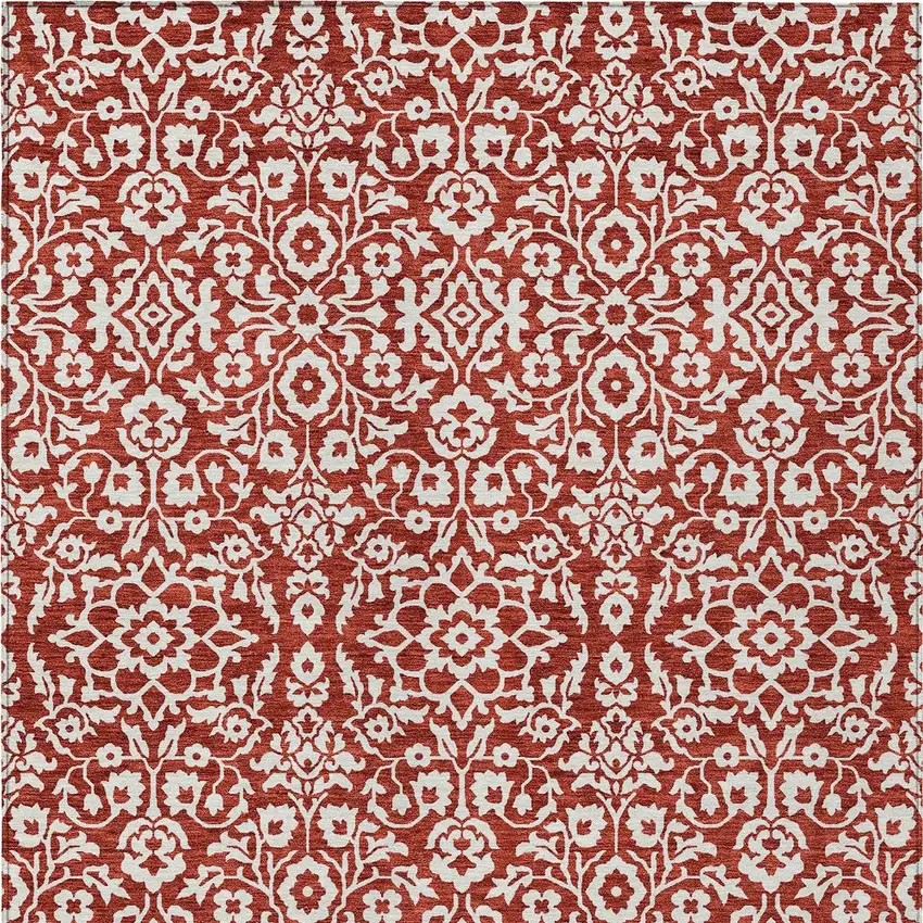 Red And Ivory Damask Washable Indoor Outdoor Area Rug Photo 7